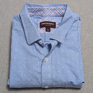 Johnston & Murphy Men's L Blue White Gingham Dress Shirt Cotton Blend Textured